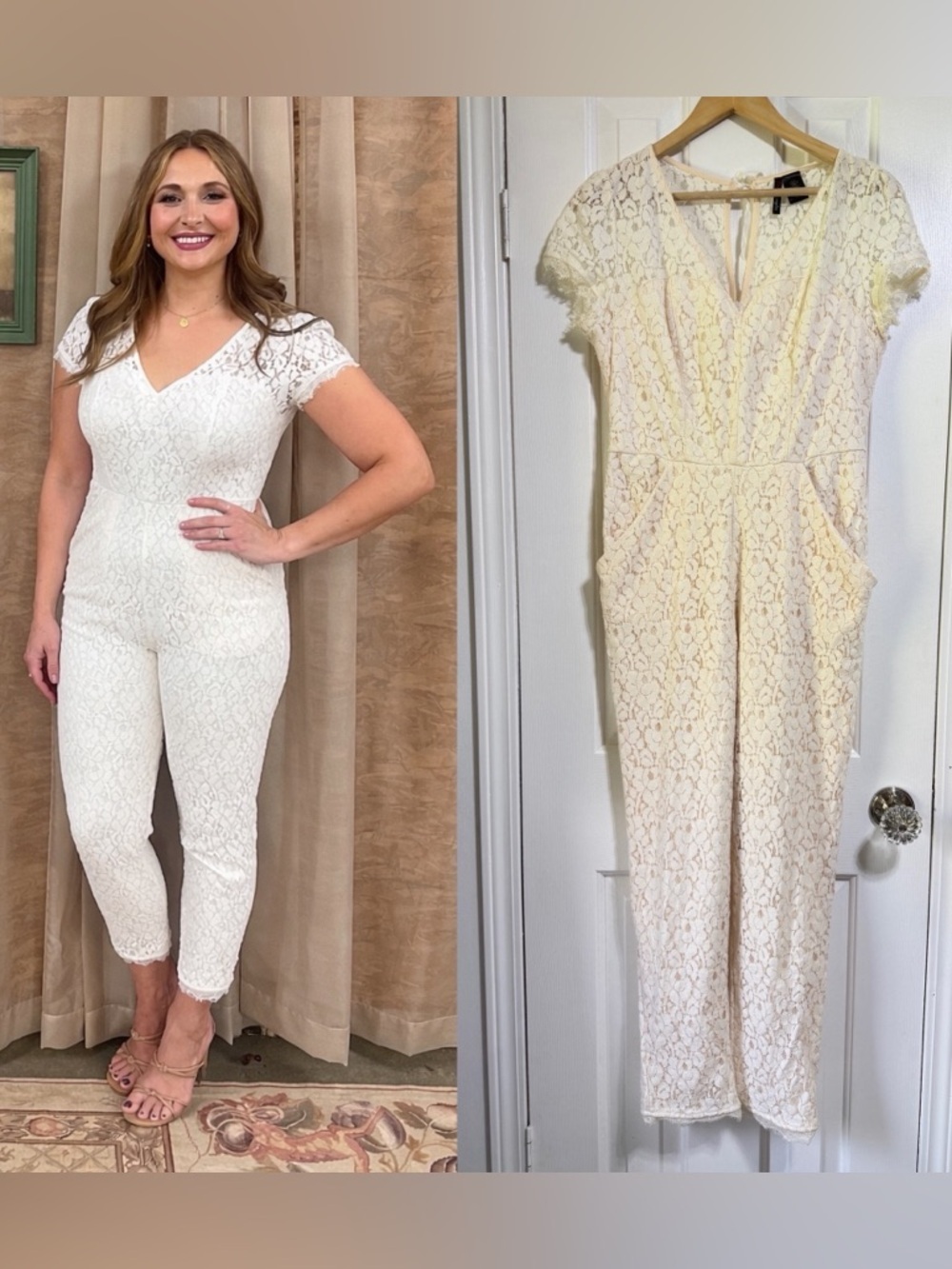 Fire Los Angeles Cream Lace Jumpsuit Womens Size large Soft Lined Pockets